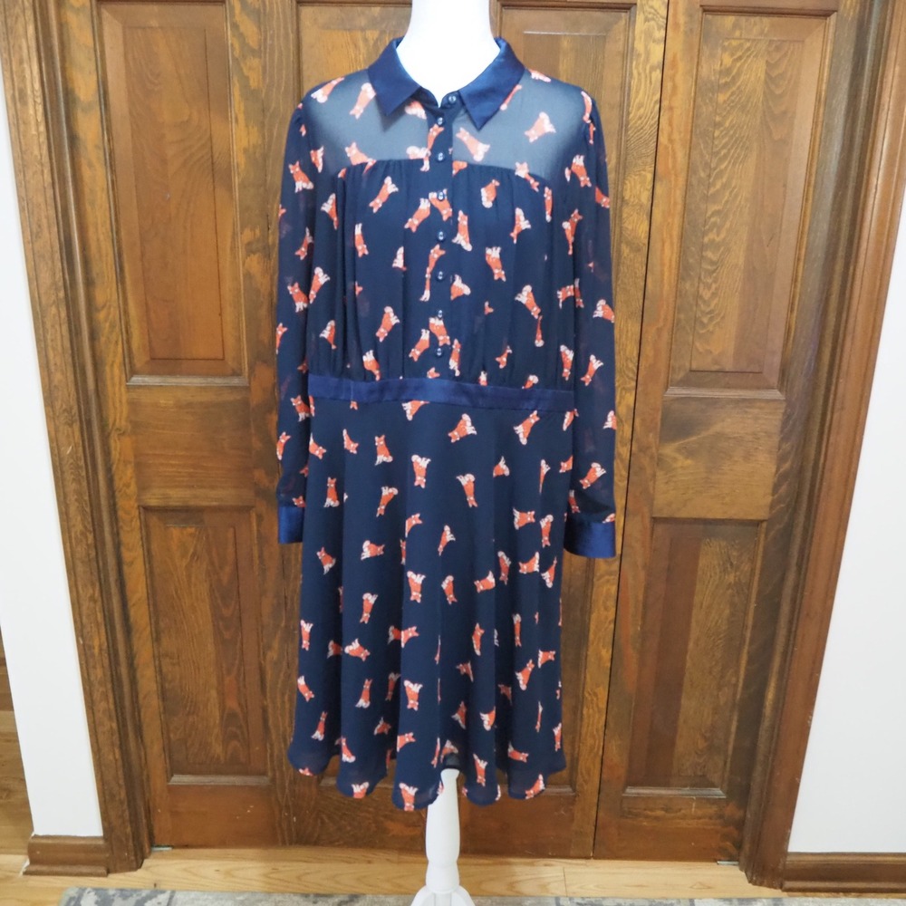 ModCloth Retro Novelty Fox Print Dress Plus Size 1X Chiffon Lined Twee